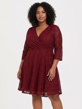 Angela, Plus-Size Burgundy Lace Wrap Midi Dress - 3XL